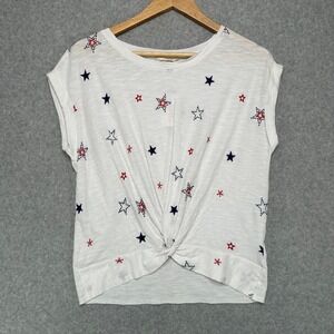 Lucky Brand Womens White Embroidered Stars Twist Front T Shirt Size‎ Medium NWT